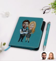 Kişiye Özel Sevgililer Karikatürlü Turkuaz Termo Deri Defter Kalem Seti-100