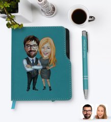Kişiye Özel Sevgililer Karikatürlü Turkuaz Termo Deri Defter Kalem Seti-100