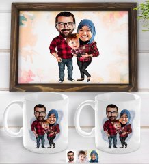 Kişiye Özel Tesettürlü Aile Karikatürlü Doğal Ahşap Tepsi ve 2’li Kupa Bardak Seti-2