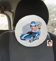 Kişiye Özel İsimli Erkek Rallici Karikatürlü Yuvarlak Araç Koltuk Yastığı-1