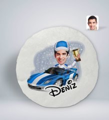 Kişiye Özel İsimli Erkek Rallici Karikatürlü Yuvarlak Araç Koltuk Yastığı-1