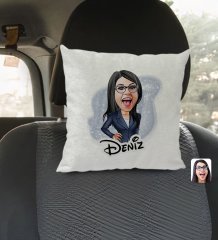 Kişiye Özel İsimli Kadın Patron Karikatürlü Kare Araç Koltuk Yastığı-4