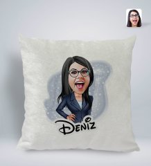 Kişiye Özel İsimli Kadın Patron Karikatürlü Kare Araç Koltuk Yastığı-4