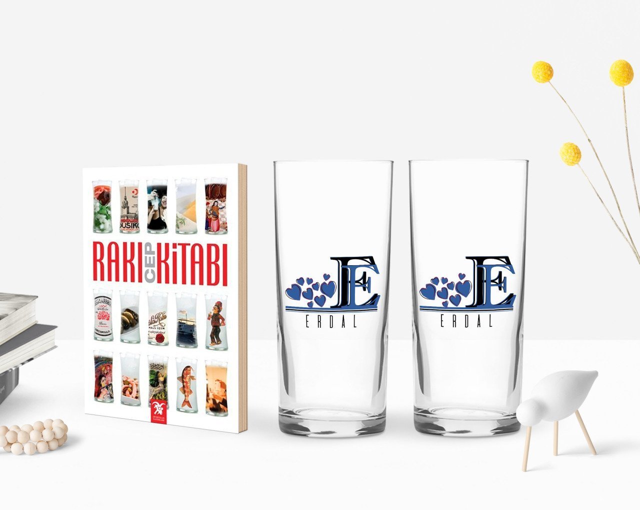 Kişiye Özel Renkli Baskılı Harfli İkili Rakı Bardağı ve Rakı Cep Kitabı Hediye Seti-2