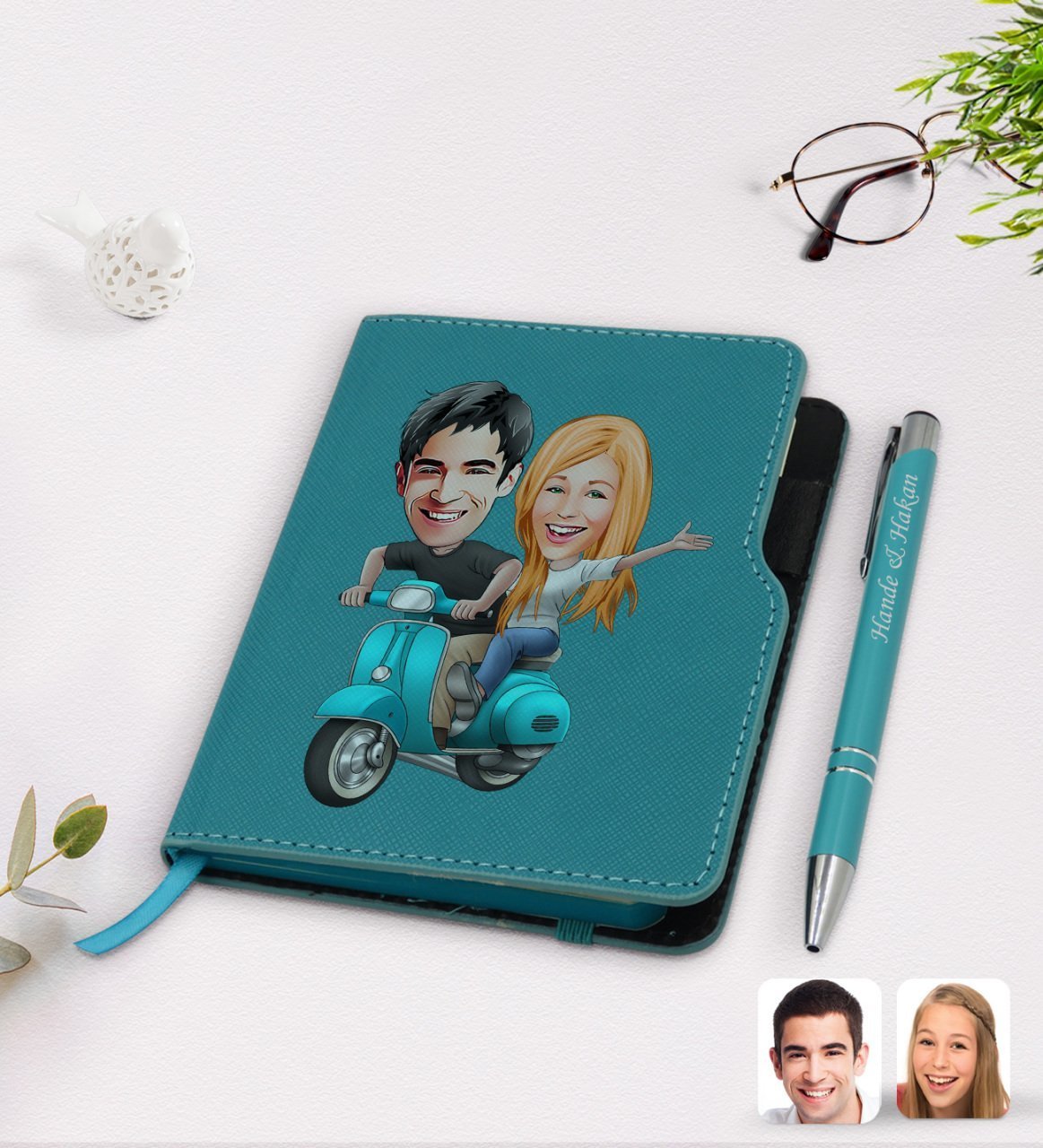 Kişiye Özel Sevgililer Karikatürlü Turkuaz Termo Deri Defter Kalem Seti-99