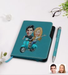 Kişiye Özel Sevgililer Karikatürlü Turkuaz Termo Deri Defter Kalem Seti-99
