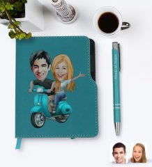 Kişiye Özel Sevgililer Karikatürlü Turkuaz Termo Deri Defter Kalem Seti-99