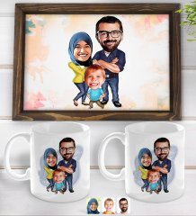 Kişiye Özel Tesettürlü Aile Karikatürlü Doğal Ahşap Tepsi ve 2’li Kupa Bardak Seti-1