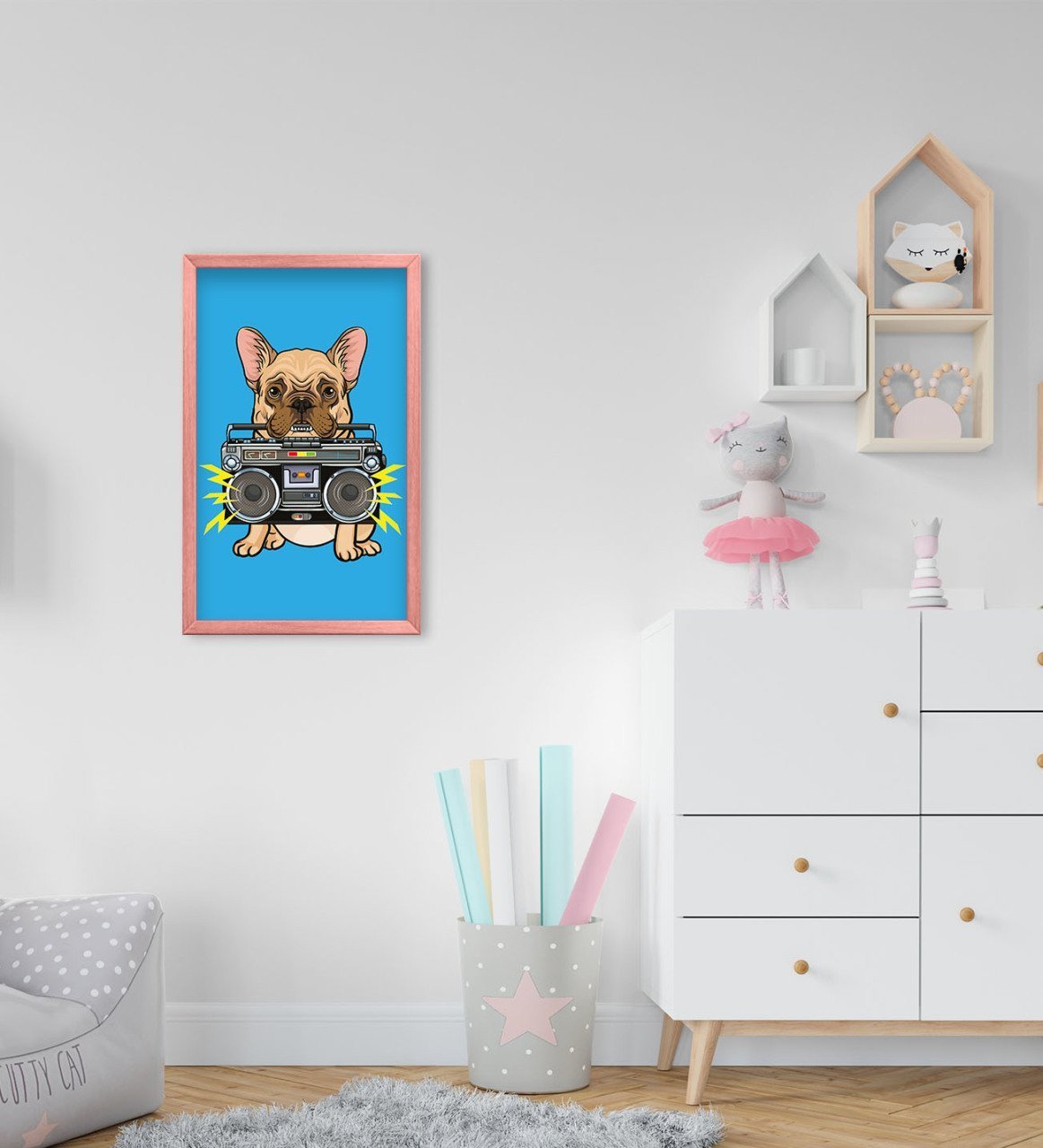 BK Home Köpek Tasarımlı Dekoratif Pembe Ahşap Çerçeveli Çocuk Odası Tablo-1