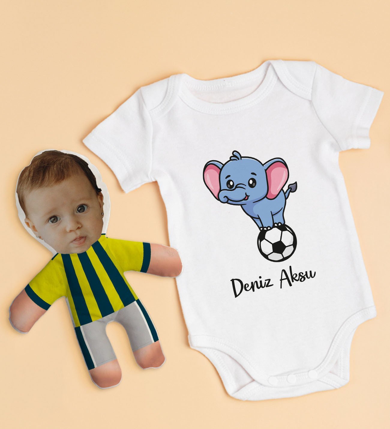 BK Kids Kişiye Özel Fotoğraflı Bebek Yastık ve Bebek Body Zıbın Hediye Seti - Model 2.4