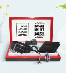 Kişiye Özel Dünyanın En İyi Babası Tasarımlı Mesajlı Kutuda Cüzdan Kemer Çakmak Tespih ve Anahtarlık Hediye Seti-6