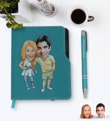 Kişiye Özel Sevgililer Karikatürlü Turkuaz Termo Deri Defter Kalem Seti-98