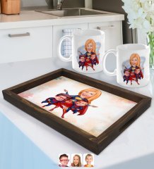 Kişiye Özel Süper Anne Süper Çocuklar Karikatürlü Doğal Ahşap Tepsi ve 2’li Kupa Bardak Seti-1
