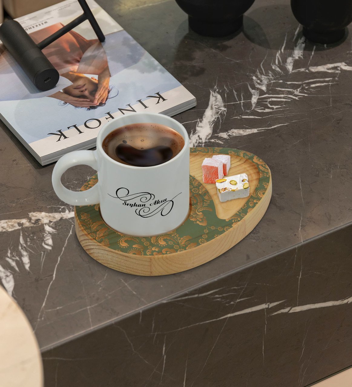 Kişiye Özel Retro Motif Tasarımlı Doğal Ahşap Tabaklı Türk Kahvesi Fincanı Sunum Seti Model 5