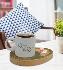 Kişiye Özel Retro Motif Tasarımlı Doğal Ahşap Tabaklı Türk Kahvesi Fincanı Sunum Seti Model 5