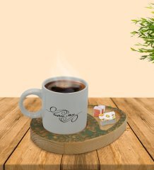 Kişiye Özel Retro Motif Tasarımlı Doğal Ahşap Tabaklı Türk Kahvesi Fincanı Sunum Seti Model 5