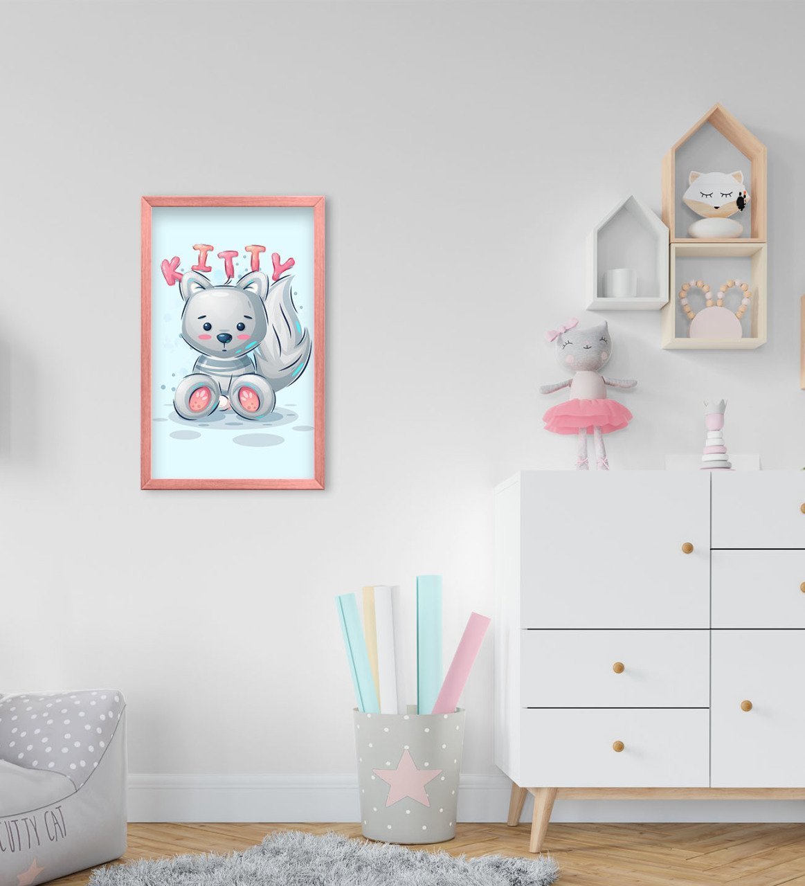 BK Home Kitty Tasarımlı Dekoratif Pembe Ahşap Çerçeveli Çocuk Odası Tablo-1