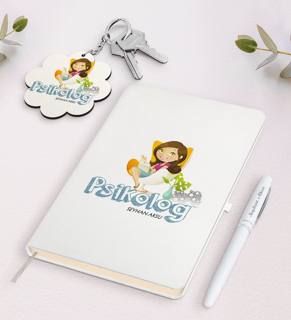 Kişiye Özel Psikolog Beyaz Defter Kalem Ve Anahtarlık Hediye Seti-2