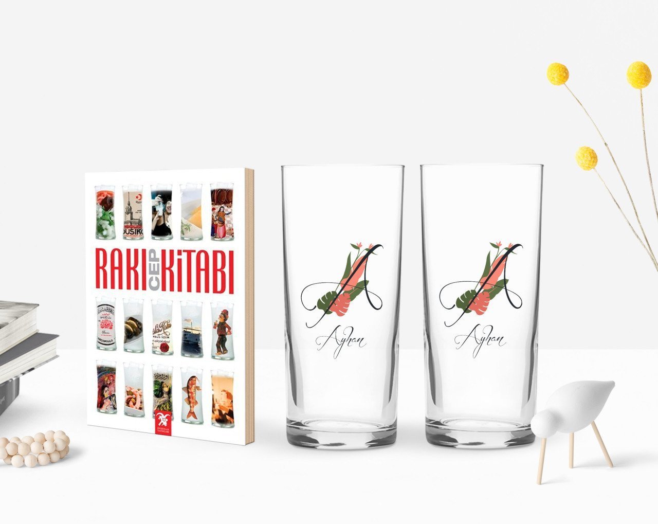Kişiye Özel Renkli Baskılı Harf ve İsim Tasarımlı İkili Rakı Bardağı ve Rakı Cep Kitabı Hediye Seti-5