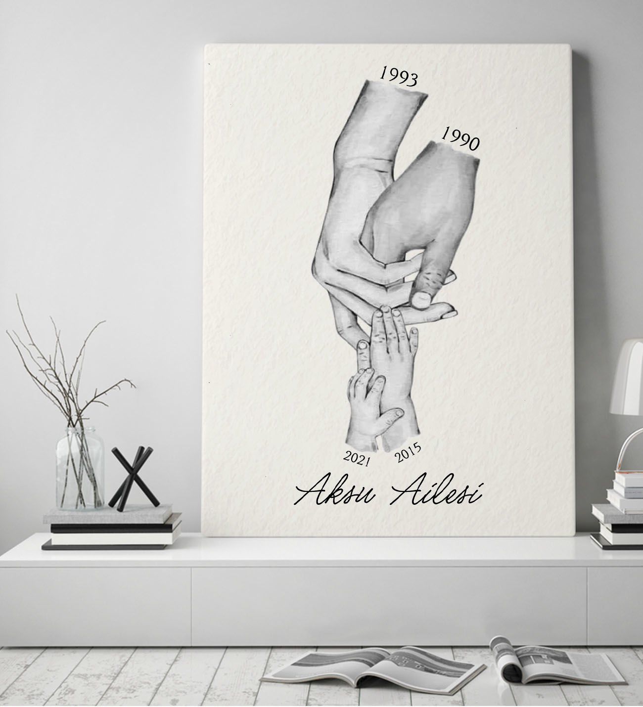 BK Gift Kişiye Özel El Ele Tutuşan Aile Tasarımlı Siyah Beyaz Kanvas Tablo-4 50x70, Anneye Hediye, Aile Hediyesi