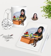 Kişiye Özel Bayan Öğretmen Karikatürlü Kupa Anahtarlık Beyaz Defter Kalem Hediye Seti-8