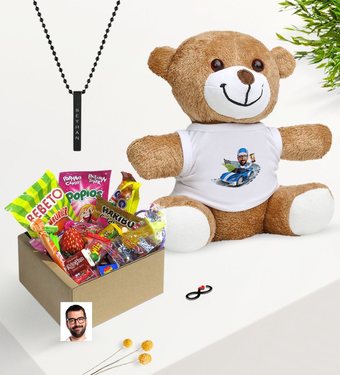 Kişiye Özel Bay Rallici Karikatürlü Nostaljik Lezzetler Peluş Ayıcık Siyah Bar Kolye Hediye Seti