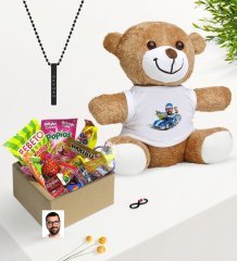 Kişiye Özel Bay Rallici Karikatürlü Nostaljik Lezzetler Peluş Ayıcık Siyah Bar Kolye Hediye Seti