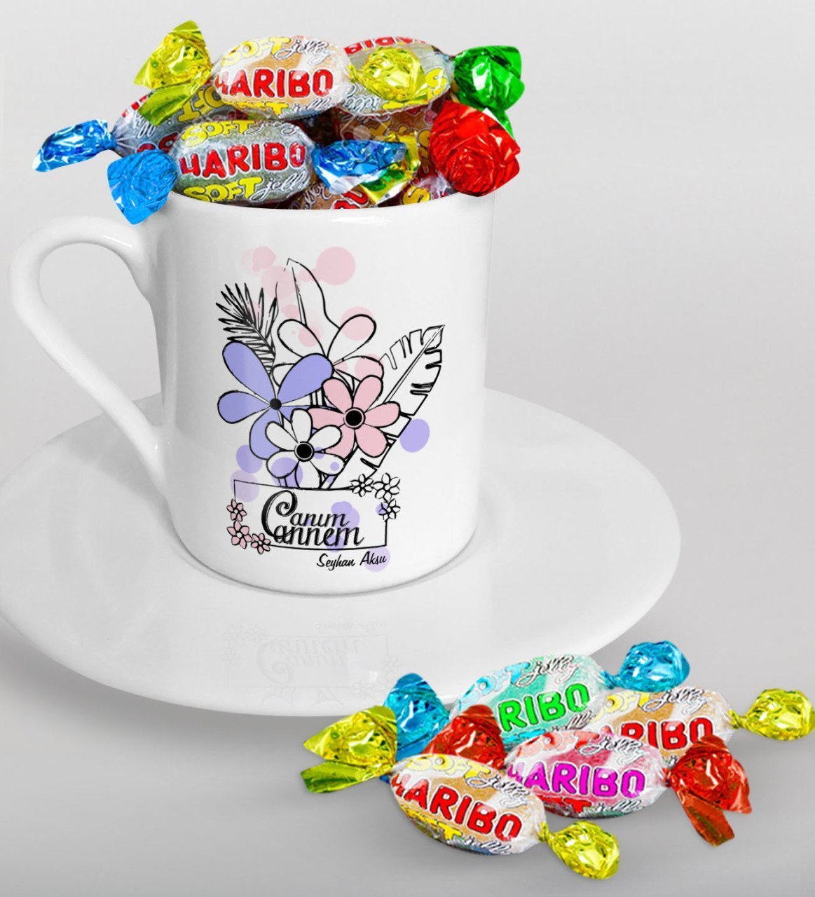 Kişiye Özel Canım Annem Tasarımlı Türk Kahvesi Fincanı ve Haribo Şeker Hediye Seti-16