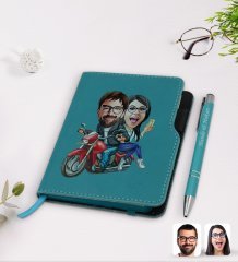 Kişiye Özel Sevgililer Karikatürlü Turkuaz Termo Deri Defter Kalem Seti-97