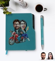 Kişiye Özel Sevgililer Karikatürlü Turkuaz Termo Deri Defter Kalem Seti-97