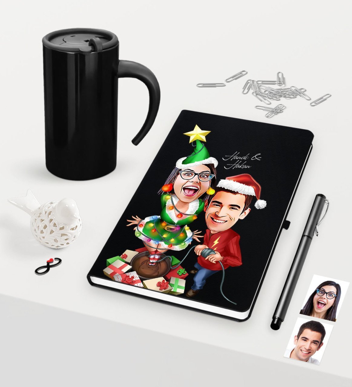 Kişiye Özel Yılbaşı Sevgililer Karikatürlü Siyah Defter Kalem Termos Mug Seti - 1
