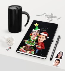 Kişiye Özel Yılbaşı Sevgililer Karikatürlü Siyah Defter Kalem Termos Mug Seti - 1