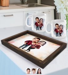 Kişiye Özel Aile Karikatürlü Doğal Ahşap Tepsi ve 2’li Kupa Bardak Seti-2