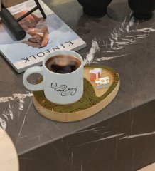 Kişiye Özel Retro Motif Tasarımlı Doğal Ahşap Tabaklı Türk Kahvesi Fincanı Sunum Seti Model 4