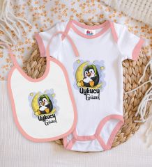 BK Kids Uykucu Güzel Tasarımlı Pembe Bebek Body Zıbın ve Mama Önlüğü Hediye Seti-1