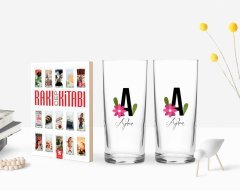 Kişiye Özel Renkli Baskılı Harf ve İsim Tasarımlı İkili Rakı Bardağı ve Rakı Cep Kitabı Hediye Seti-4