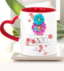 Kişiye Özel Kadınlar Günü Kırmızı Kalpli Kupa Bardak - 9