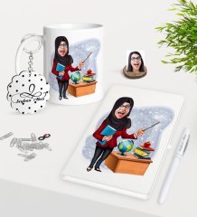 Kişiye Özel Bayan Öğretmen Karikatürlü Kupa Anahtarlık Beyaz Defter Kalem Hediye Seti-7