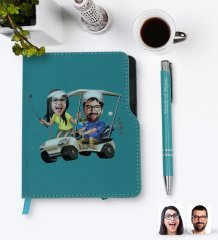 Kişiye Özel Sevgililer Karikatürlü Turkuaz Termo Deri Defter Kalem Seti-96