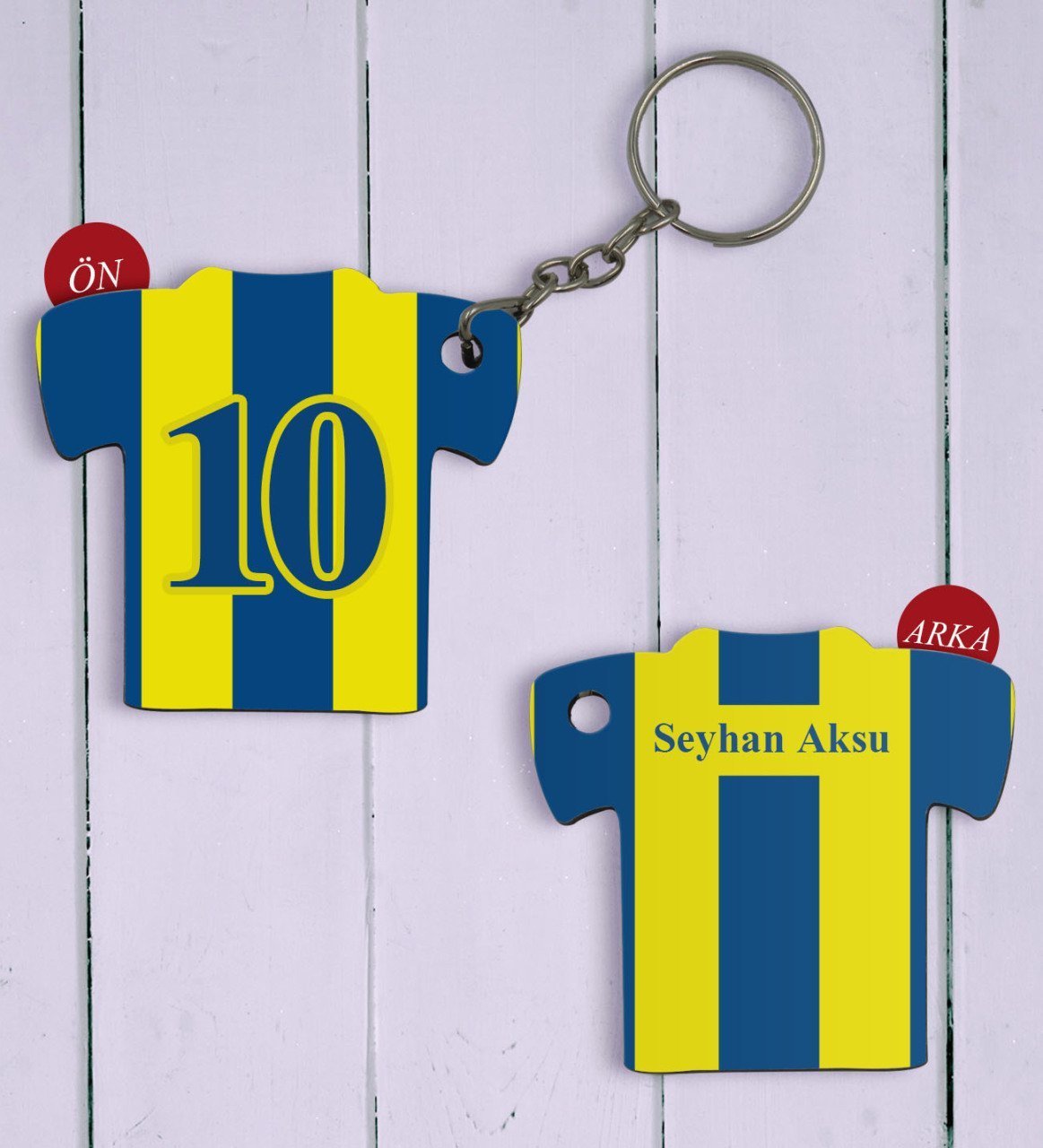 Kişiye Özel Sarı-Lacivert Formalı Çift Taraflı Ahşap Anahtarlık