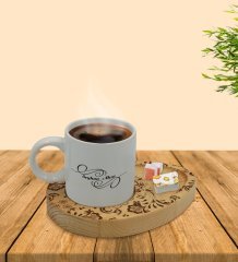 Kişiye Özel Retro Motif Tasarımlı Doğal Ahşap Tabaklı Türk Kahvesi Fincanı Sunum Seti Model 3