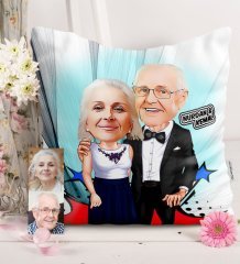 Kişiye Özel Dede ve Büyükanne Karikatürlü Saten Yastık