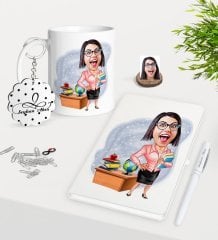 Kişiye Özel Bayan Öğretmen Karikatürlü Kupa Anahtarlık Beyaz Defter Kalem Hediye Seti-5