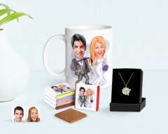 Kişiye Özel Sevgililer Günü Temalı Evleniyoruz Karikatürlü Kupa Çikolata ve Çift İsimli Papatya Kolye Seti-6
