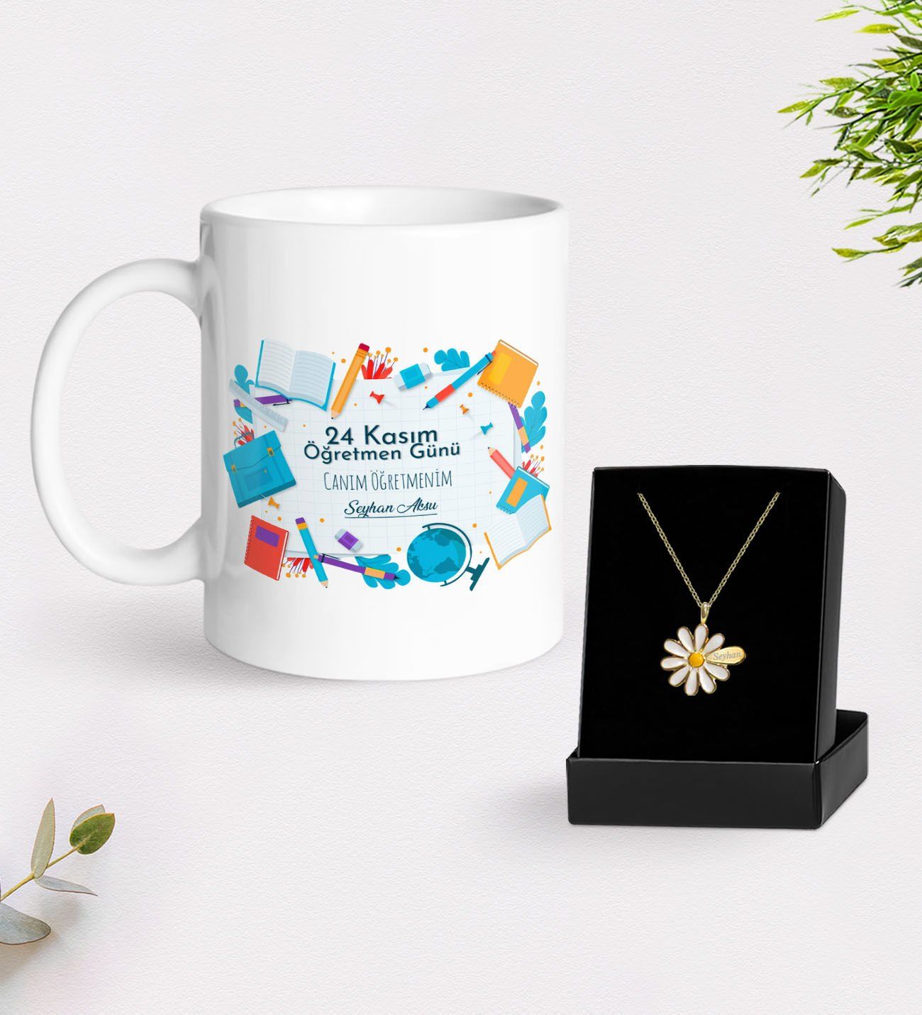 BK Gift Kişiye Özel Öğretmenler Günü Beyaz Kupa ve İsimli Papatya Kolye Hediye Seti- 3, Öğretmene Hediye, Öğretmenler Günü