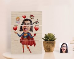 Kişiye Özel Süper Anne Karikatürlü Otantik Masaüstü Ahşap Palet Çerçeve-1