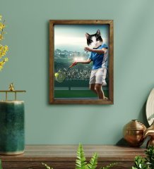 Evcil Dostlara Özel Tenis Oyuncusu Tasarımlı Portre Doğal Masif Ahşap Çerçeveli Tablo 45x65cm-2