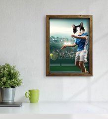 Evcil Dostlara Özel Tenis Oyuncusu Tasarımlı Portre Doğal Masif Ahşap Çerçeveli Tablo 45x65cm-2