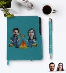 Kişiye Özel Sevgililer Karikatürlü Turkuaz Termo Deri Defter Kalem Seti-95