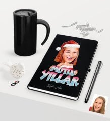 Kişiye Özel Yılbaşı Bayan Karikatürlü Siyah Defter Kalem Termos Mug Seti - 5